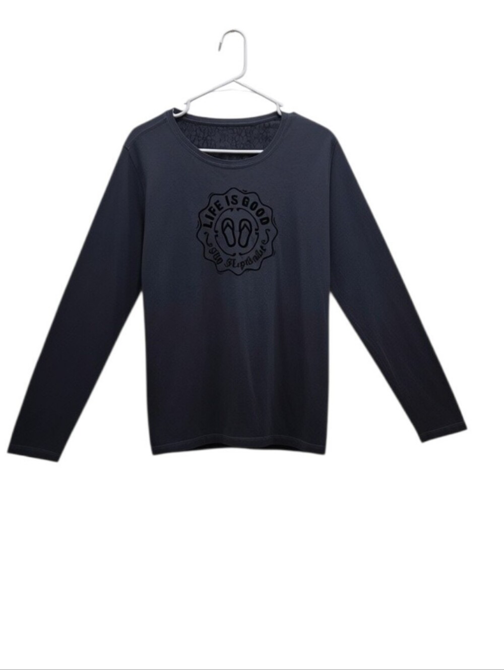 Life is Good Womens L Charcoal Flip Floptimist Flip Flop Long Sleeve Graphic Tee